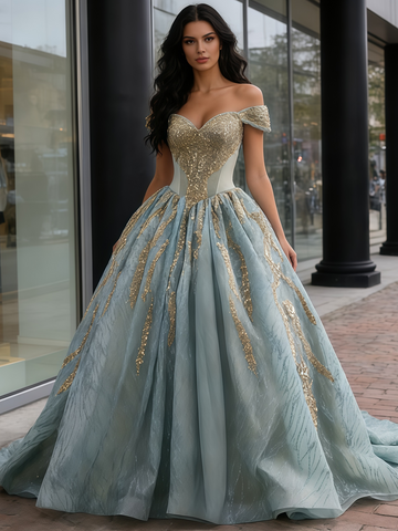 Appliques Ball Gown Green Off The Shoulder Tulle Prom Dress