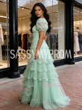 Green Puffy Sleeve A Line Sparkle Ruffles Prom Dress