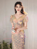 V Neck Gold Sequin Short Sleeve Trumpet Mermaid Prom Dress