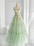 Floor Length Ruffles Green Strapless Prom Dress