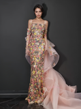 Trumpet Mermaid Floral Colorful Tulle Train Prom Dress