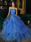 A Line Sweetheart Blue Tulle Ruffles Prom Dress