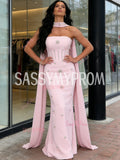 Beading Strapless Sheath Column Pink Shawl Satin Prom Dress