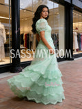 Green Puffy Sleeve A Line Sparkle Ruffles Prom Dress