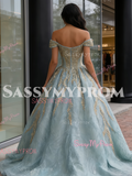 Appliques Ball Gown Green Off The Shoulder Tulle Prom Dress