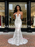V Neck Silver Floral Trumpet Mermaid Spaghetti Straps Prom Dress