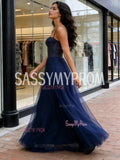 Spaghetti Straps Beading Navy Blue Tulle A Line Prom Dress