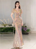 V Neck Gold Sequin Short Sleeve Trumpet Mermaid Prom Dress