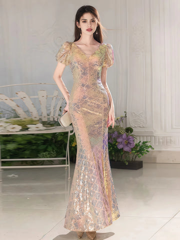 V Neck Gold Sequin Short Sleeve Trumpet Mermaid Prom Dress