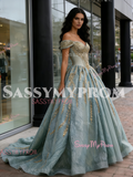 Appliques Ball Gown Green Off The Shoulder Tulle Prom Dress