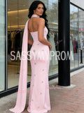 Beading Strapless Sheath Column Pink Shawl Satin Prom Dress