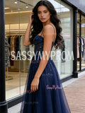 Spaghetti Straps Beading Navy Blue Tulle A Line Prom Dress
