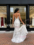 V Neck Silver Floral Trumpet Mermaid Spaghetti Straps Prom Dress