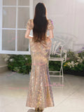 V Neck Gold Sequin Short Sleeve Trumpet Mermaid Prom Dress