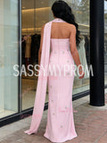 Beading Strapless Sheath Column Pink Shawl Satin Prom Dress
