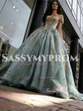 Appliques Ball Gown Green Off The Shoulder Tulle Prom Dress