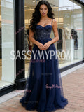 Spaghetti Straps Beading Navy Blue Tulle A Line Prom Dress