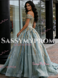 Appliques Ball Gown Green Off The Shoulder Tulle Prom Dress