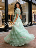 Green Puffy Sleeve A Line Sparkle Ruffles Prom Dress
