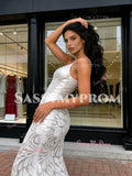 V Neck Silver Floral Trumpet Mermaid Spaghetti Straps Prom Dress