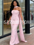 Beading Strapless Sheath Column Pink Shawl Satin Prom Dress