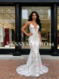 V Neck Silver Floral Trumpet Mermaid Spaghetti Straps Prom Dress