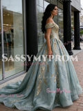 Appliques Ball Gown Green Off The Shoulder Tulle Prom Dress