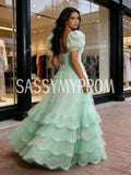 Green Puffy Sleeve A Line Sparkle Ruffles Prom Dress