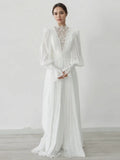 Sheer Chiffon Pleats A Line Long Sleeve Wedding Dress