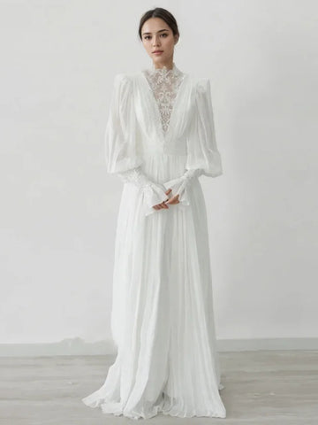 Sheer Chiffon Pleats A Line Long Sleeve Wedding Dress