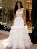 Lace A Line Ruffles Tulle Jewel A Line Wedding Dress