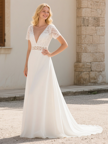 Hollow Waist A Line V Neck Short Sleeve Wedding Dress