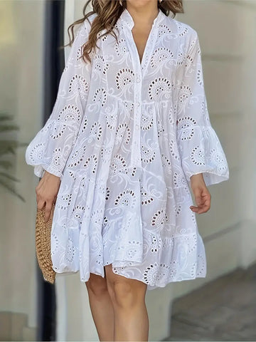 Long Sleeves Buttons White Eyelet Dress