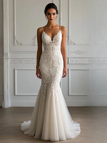 Trumpet Mermaid Sweetheart Lace Tulle Backless Wedding Dress