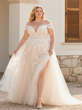 Champagne Tulle Plus Size Appliques Off The Shoulder Wedding Dress With Slit