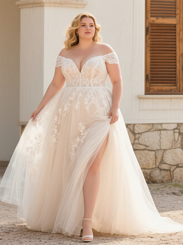 Champagne Tulle Plus Size Appliques Off The Shoulder Wedding Dress With Slit