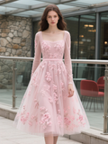 Square Tea Length Tulle Pink Long Sleeve Wedding Dress