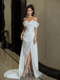 A Line Satin Off The Shoulder Wedding Dress With Slit