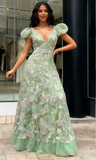 Beading Flower Green Puffy Sleeve V Neck Prom Dress