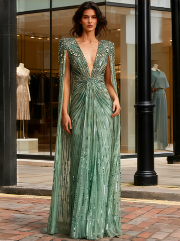 Beading A Line V Neck Long Sleeve Green Cape Prom Dress