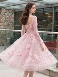 Square Tea Length Tulle Pink Long Sleeve Wedding Dress