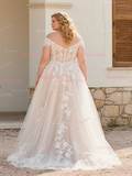 Champagne Tulle Plus Size Appliques Off The Shoulder Wedding Dress With Slit