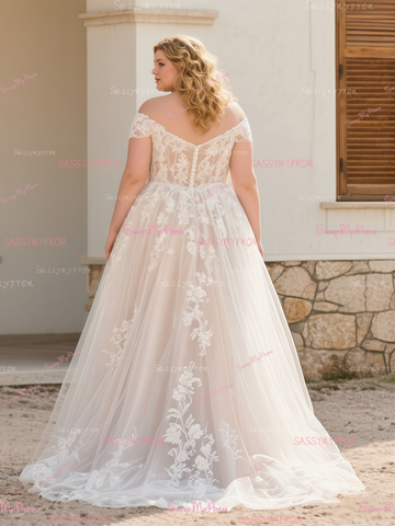 Champagne Tulle Plus Size Appliques Off The Shoulder Wedding Dress With Slit US4 / As The picture Champagne Tulle Plus Size Appliques Off The Shoulder Wedding Dress With Slit US4 / As The picture