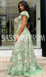 Beading Flower Green Puffy Sleeve V Neck Prom Dress