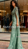 Beading A Line V Neck Long Sleeve Green Cape Prom Dress