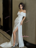 A Line Satin Off The Shoulder Wedding Dress With Slit