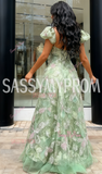 Beading Flower Green Puffy Sleeve V Neck Prom Dress
