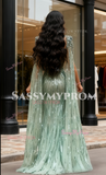 Beading A Line V Neck Long Sleeve Green Cape Prom Dress
