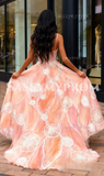 V Neck Beading Coral Spaghetti Straps Belt Prom Dress