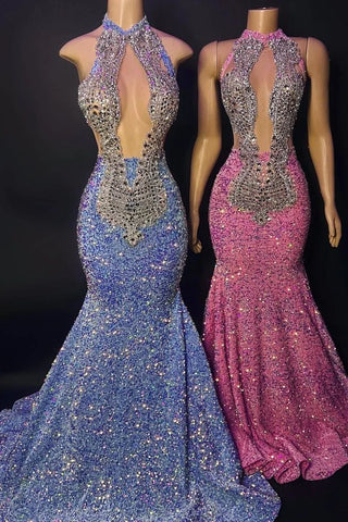 Sequin Mermaid Pink High Neck Crystals Prom Dress